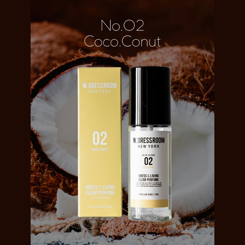 Parfum pentru haine si interior cu aroma de nuca de cocos si vanilie dulce, W.Dressroom Dress & Living Clear Perfume Nr.02 Coconut, 70ml